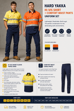 Hard Yakka Mens Hi-Vis Shirt & Comfort Waist Pants Uniform Set Workwear HYSET002