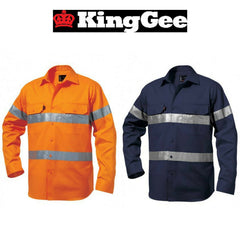 Mens KingGee Hi-Vis Long Sleeve Reflective Tape Work Shirt Job Site Drill K54250