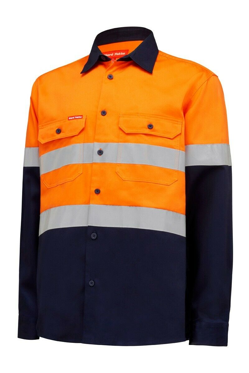 Hard Yakka Core Hi-Vis Safety Cotton Drill Pocket Taped Work Shirt Y04610