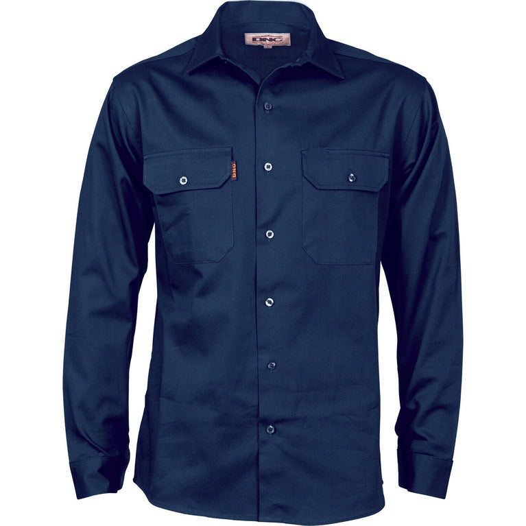 DNC Workwear Mens Cotton Drill Work Shirt Long Sleeve Flame Retardant 3202