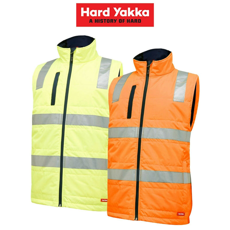 Mens Hard Yakka Hi Vis Puffer Vest Taped Safety Work Quilted Warm Winter Y19510