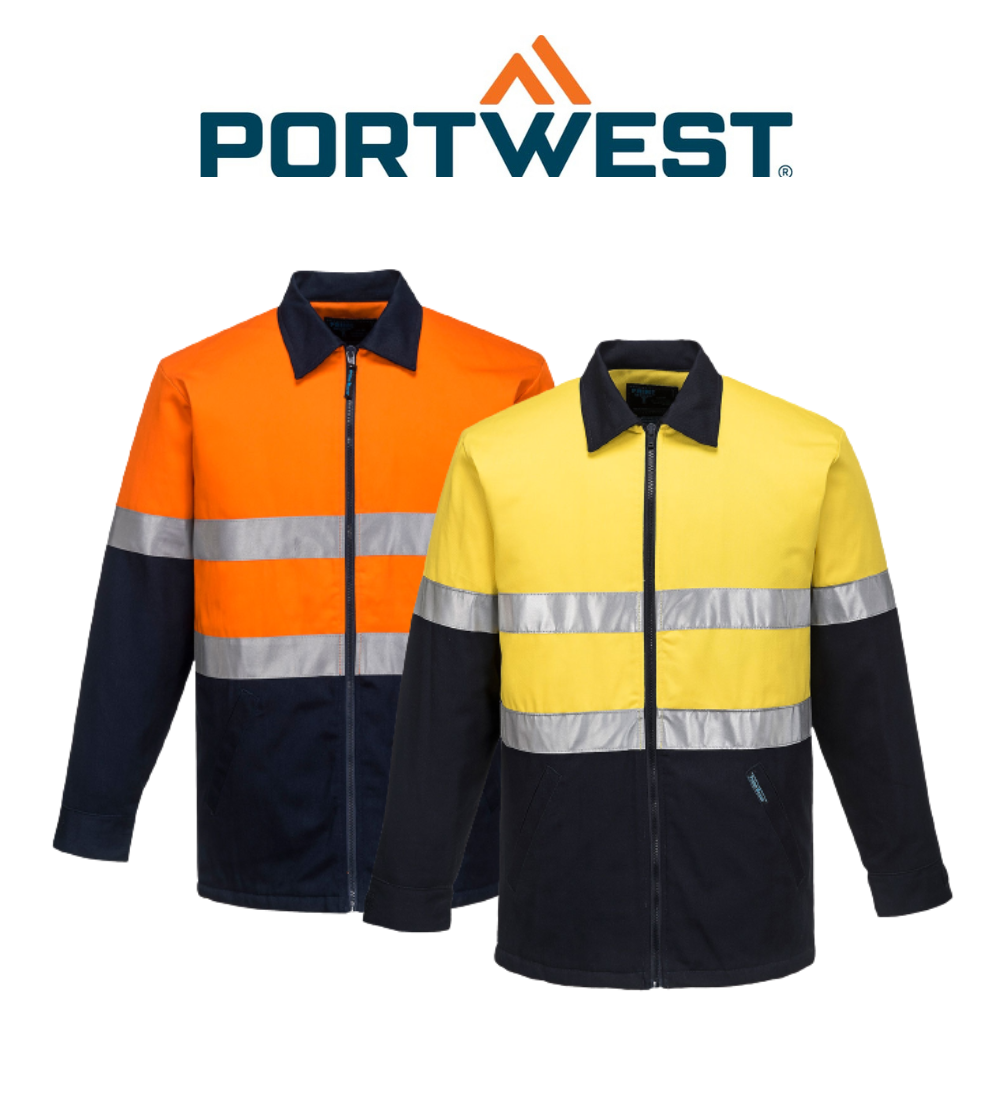 Portwest Quilt Padded Cotton Drill Jacket 2 Tone Reflective Work Safety MJ987