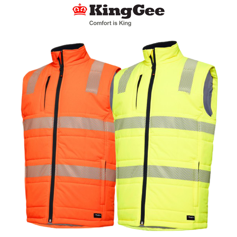 KingGee Mens Reflective Puffer Vest Storm Guard Waterproof Hi Vis Safe CW workwear