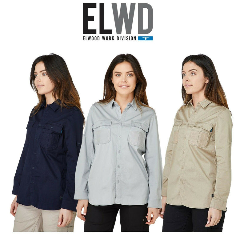 Womans Elwood Workwear Work Utility Stretch Twill Shirt Roll Up Sleeves EWD701