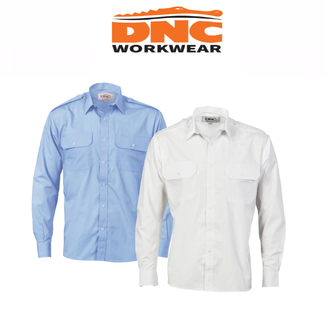 DNC Workwear Mens Epaulette Polyester Cotton Work Shirt Long Sleeve Casual 3214