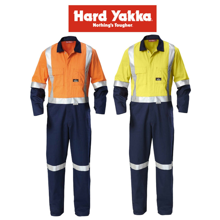 Mens Hard Yakka Hi-Vis Taped Cotton Safety Coverall Overalls Workwear Y00262