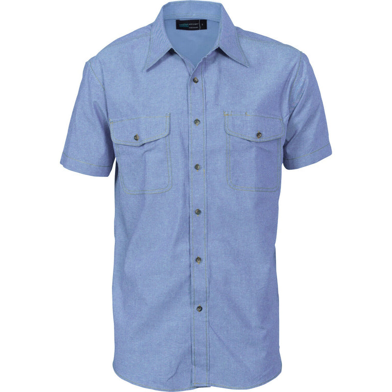 DNC Workwear Mens Twin Flap Pocket Cotton Chambray - Short Sleeve Casual 4103