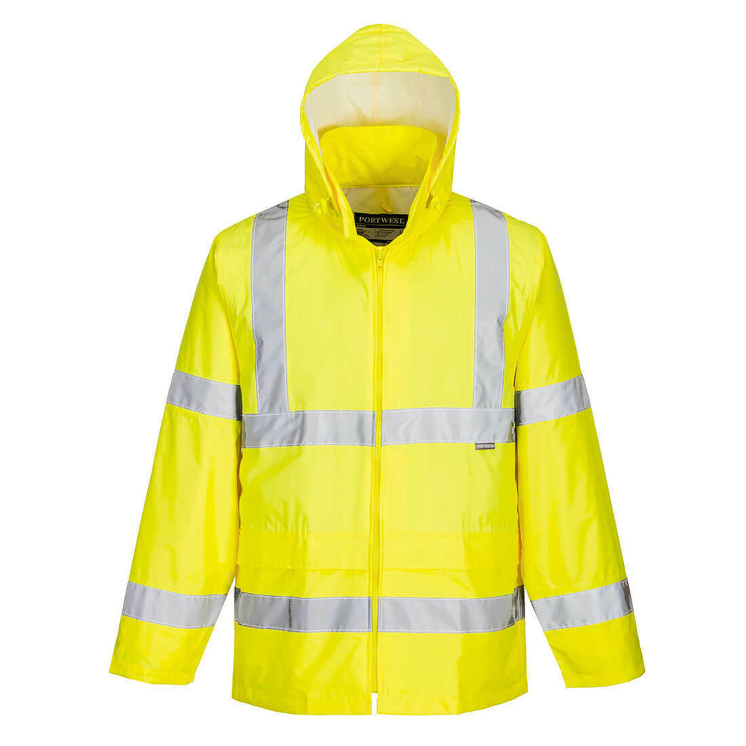 Portwest Mens Hi-Vis Rain Jacket Reflective Taped Hood Work Safety Comfy H440