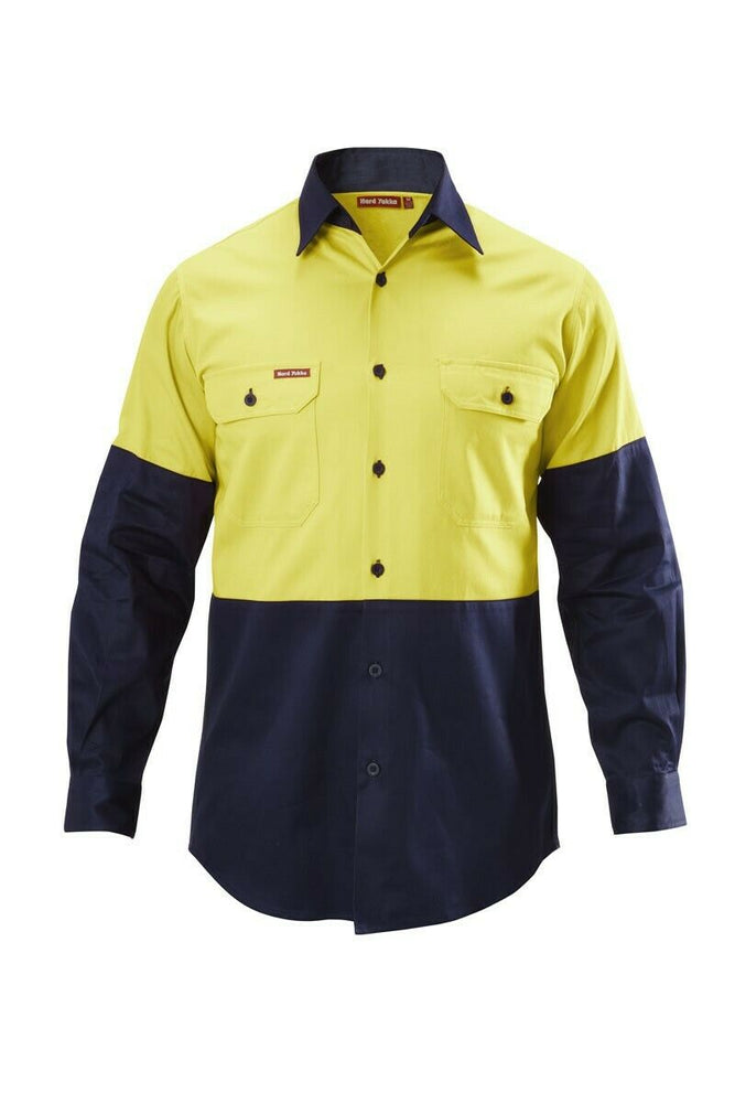 Hard Yakka Shirt Hi-Vis 2 Tone Long Sleeve Drill Work Safety Cotton Y07982