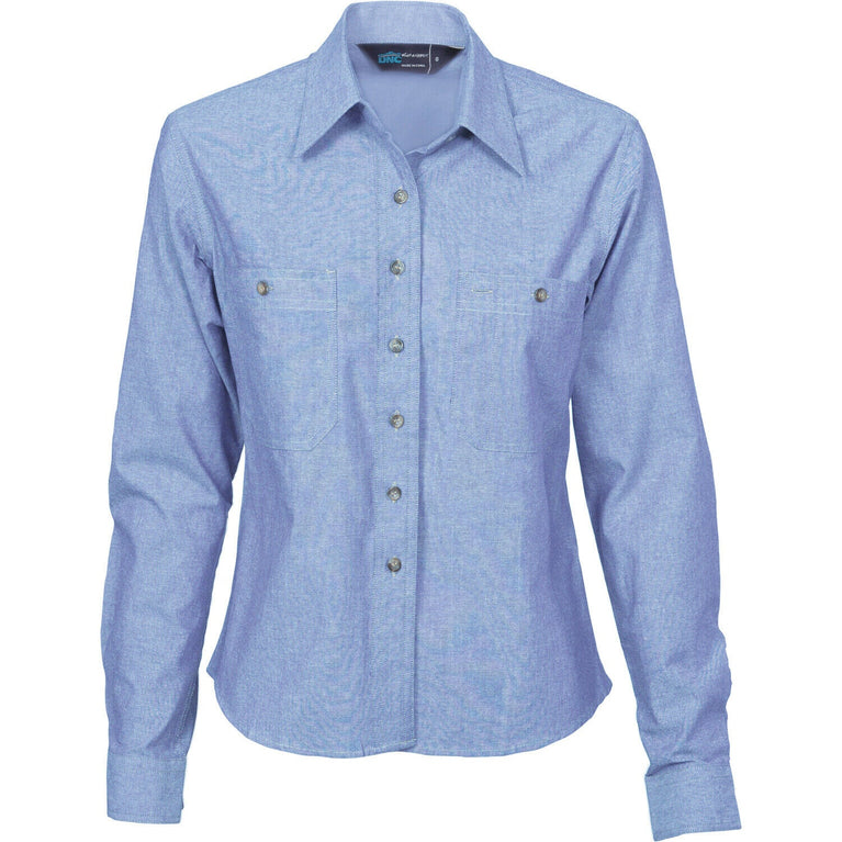 DNC Workwear Womens Ladies Cotton Chambray Shirt Long Sleeve Casual 4106