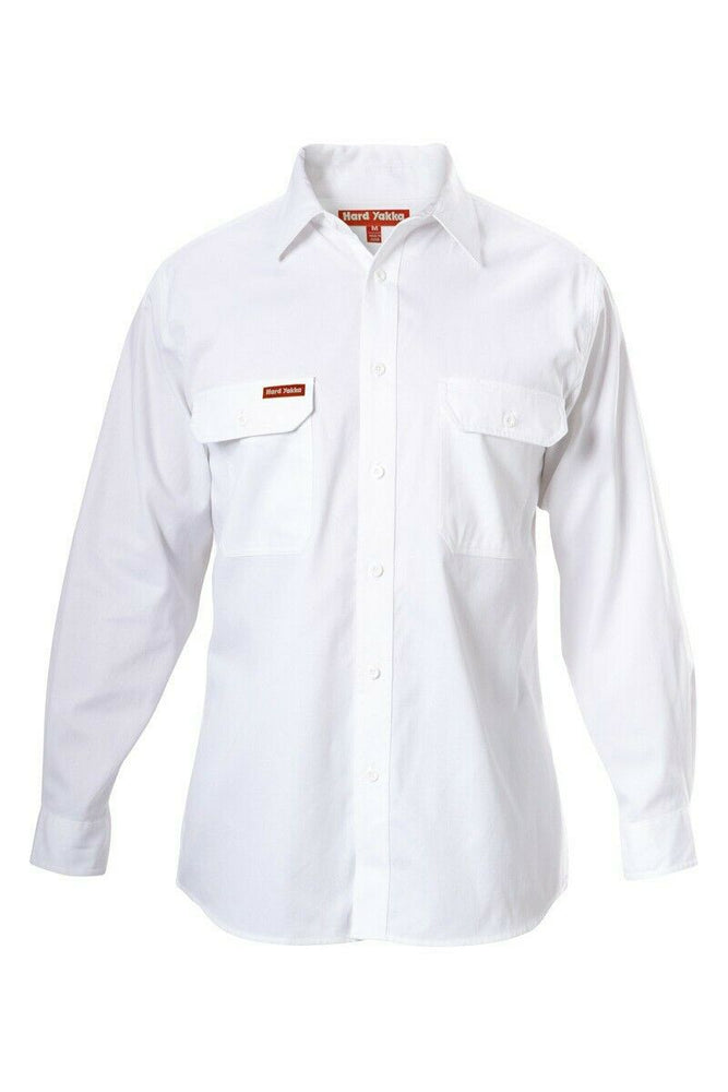 Hard Yakka Long Sleeve Cotton Drill Work Shirt Tradie Safety Button Y07500