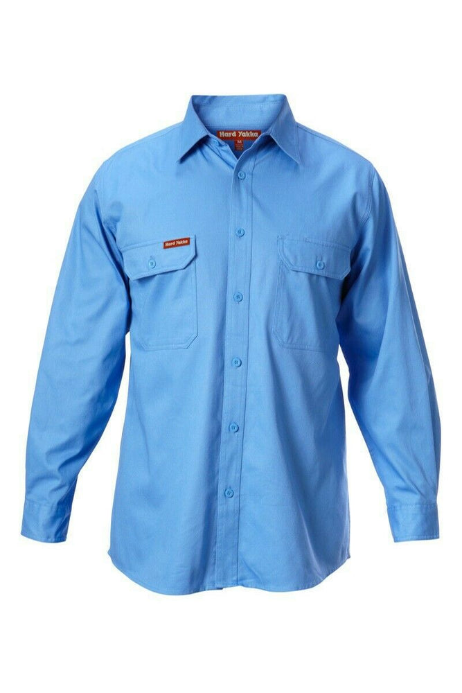 Hard Yakka Long Sleeve Cotton Drill Work Shirt Tradie Safety Button Y07500