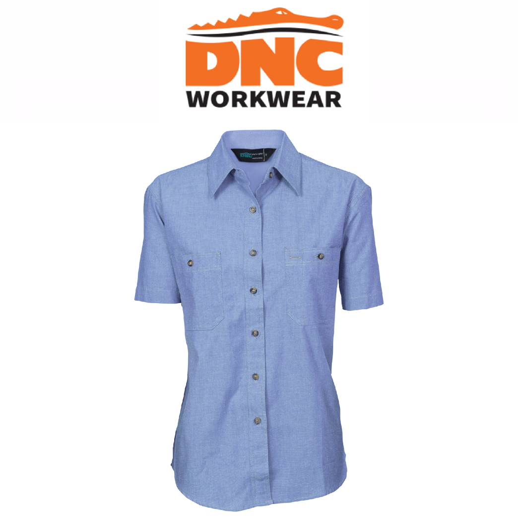 DNC Workwear Womens Ladies Cotton Chambray Shirt Short Sleeve Casual 4105