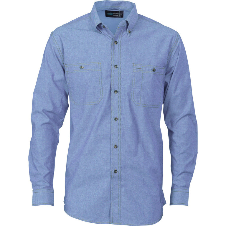 DNC Workwear Mens Cotton Chambray Shirt , Twin Pocket - Long Sleeve Casual 4102