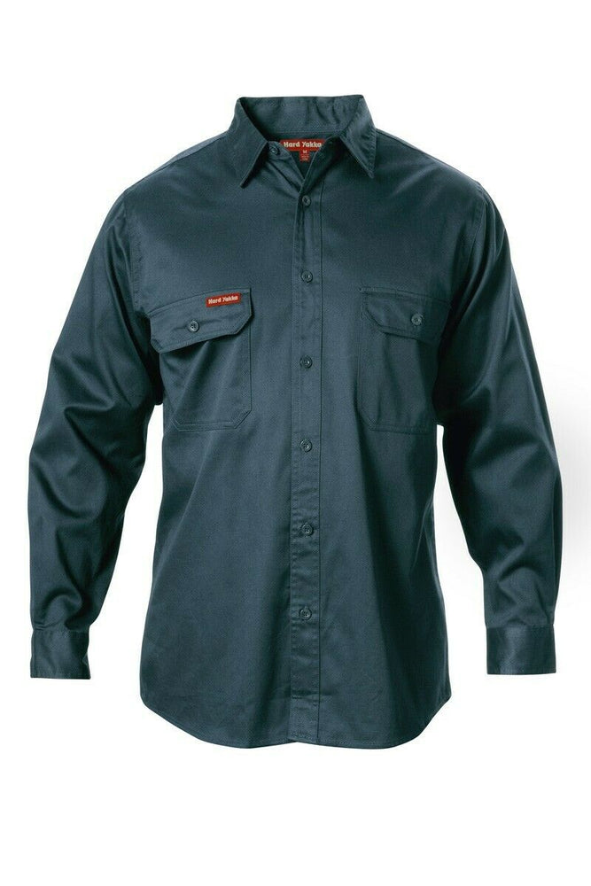 Hard Yakka Long Sleeve Cotton Drill Work Shirt Tradie Safety Button Y07500