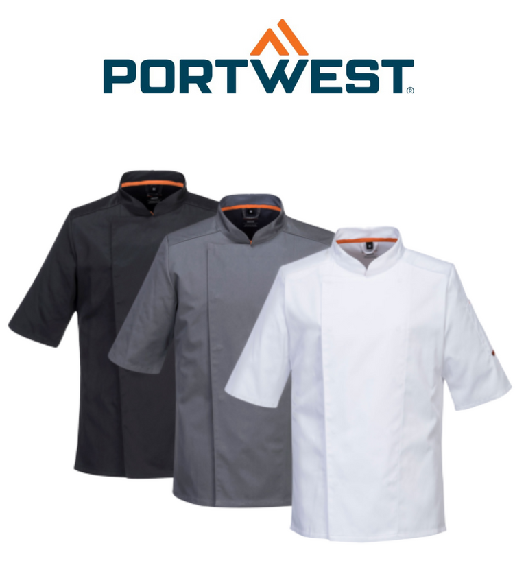 Portwest Mens MeshAir Pro Chefs Jacket S/S Slim Fit Apron Durable Comfy C738