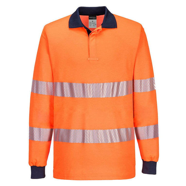 Portwest Mens Long Sleeve PW3 Hi-Vis Polo Shirt  Reflective Safety Workwear T186