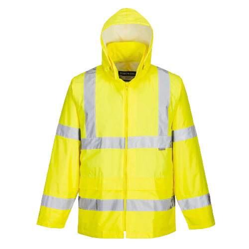 Portwest Mens Hi-Vis Rain Jacket Reflective Taped Hood Work Safety Comfy H440