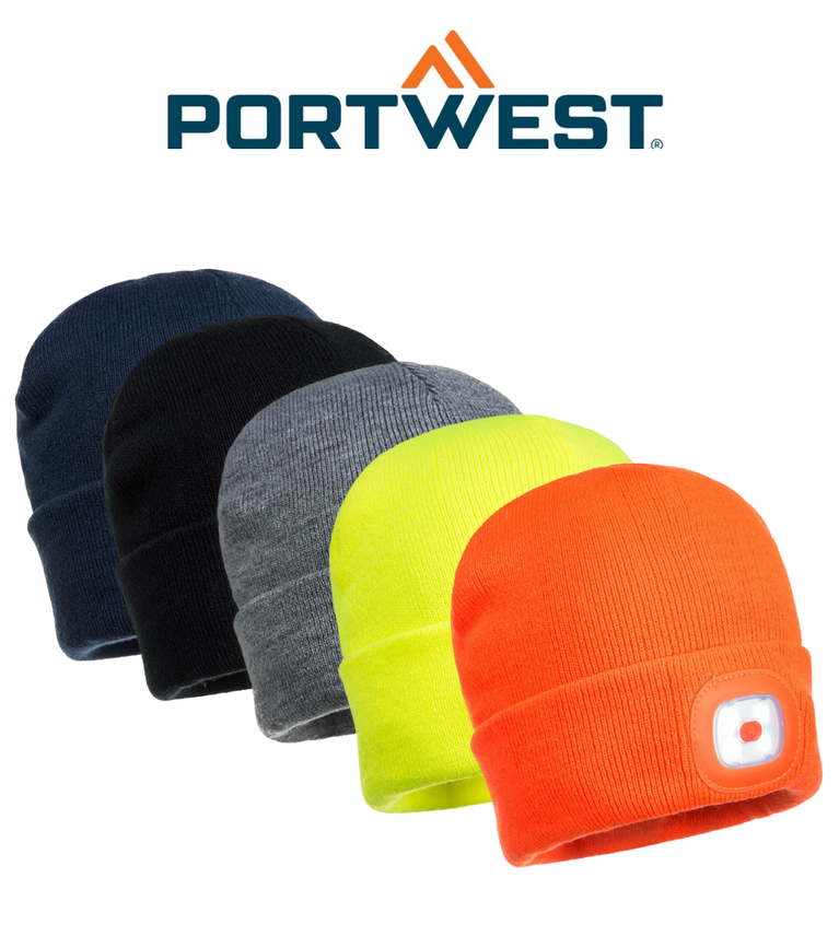 Portwest Mens Beanie Hat LED Head Light USB Rechargeable Warm Work Comfort B029