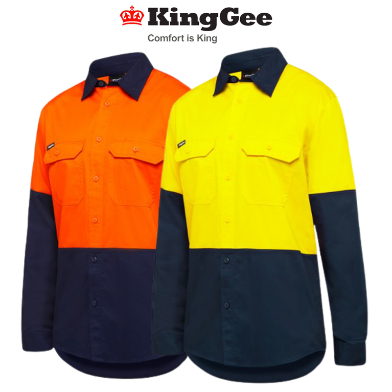 KingGee Mens Stretch Spliced Shirt Comfort Work Safety Cotton Hi-Vis Hem K04035