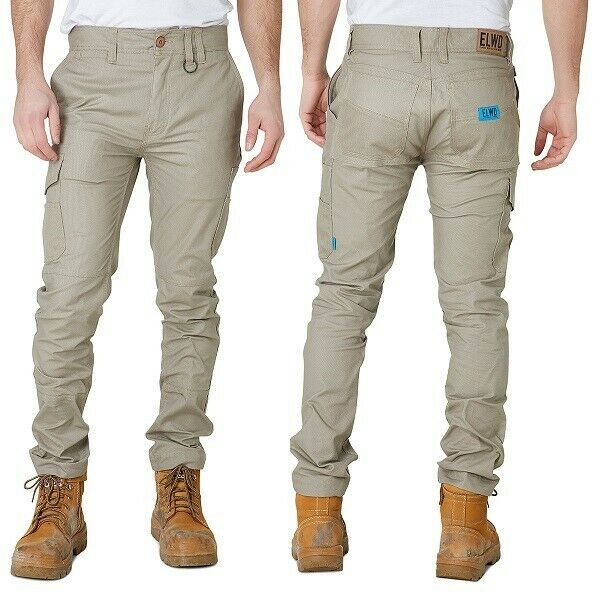 Mens Elwood Slim Pants Stretch Canvas Work Utility Safety Tradie Phone EWD105