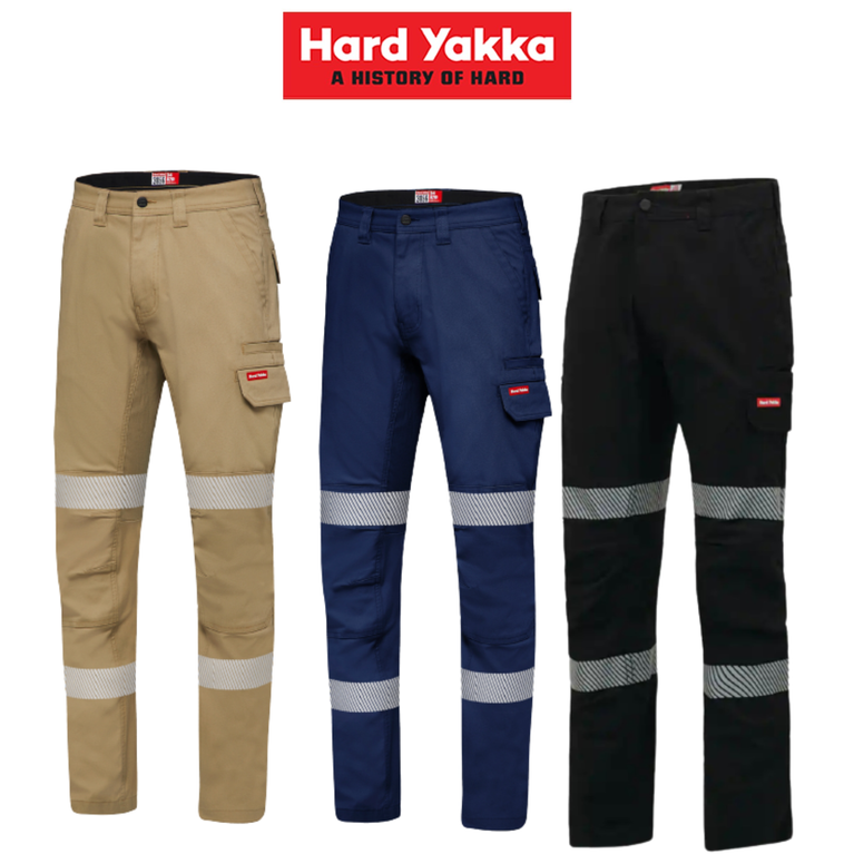 Hard Yakka Canvas Cargo Pant Tough Double Layer Knees Reflective Stretch Y02855