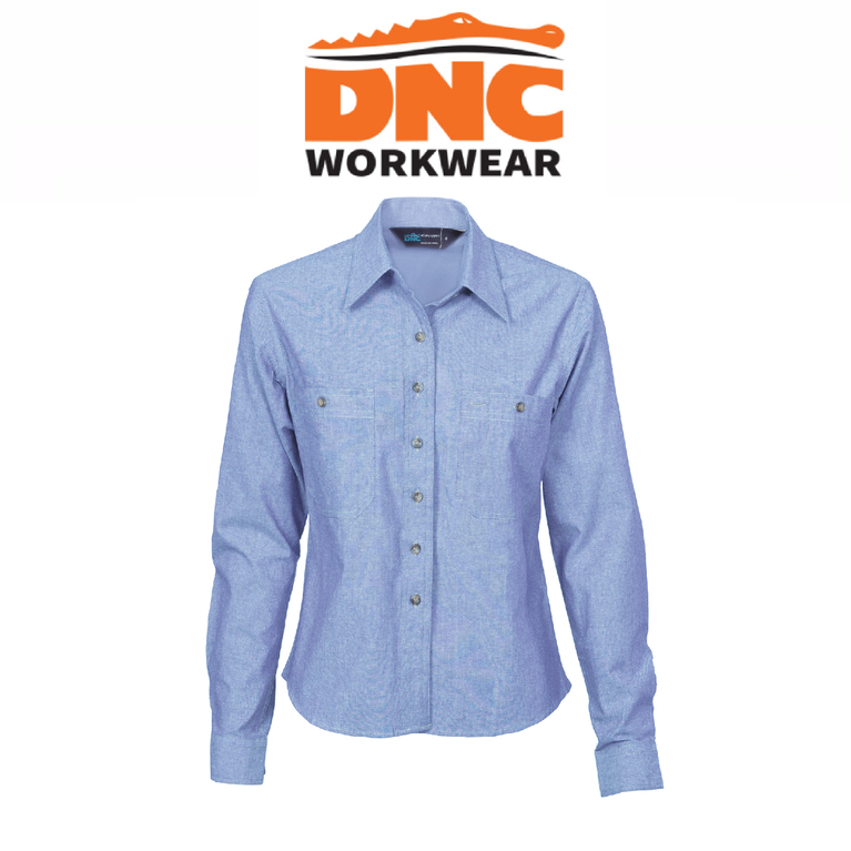 DNC Workwear Womens Ladies Cotton Chambray Shirt Long Sleeve Casual 4106