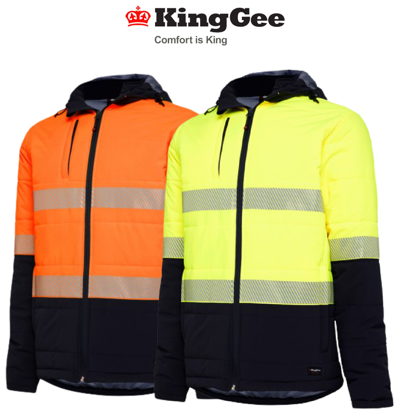 KingGee Mens Reflective Puffer Jacket Hi-Vis Hood Work Safety Waterproof K55015