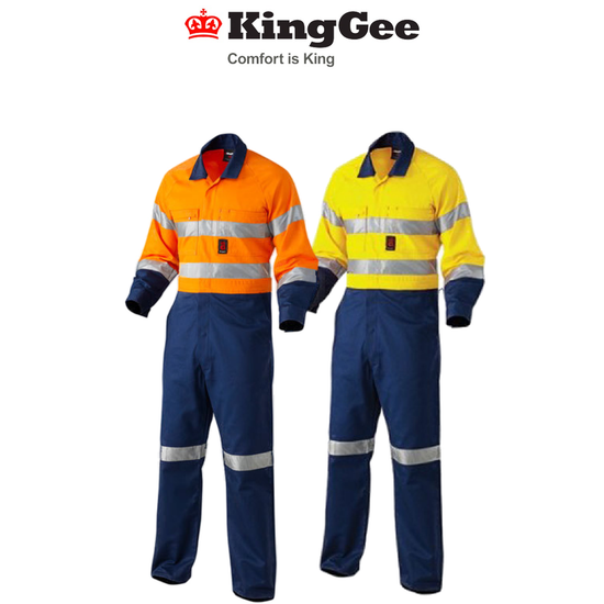 KingGee Mens Hi-Vis Combination Drill Overalls Spliced Cotton Work Safety K51525