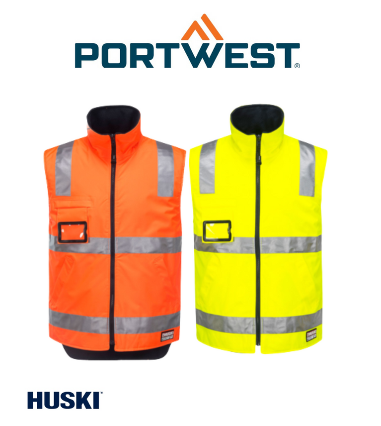 Portwest Mens Huski Traffic Vest Hi-Vis Work Reversible Taped Safety K8132