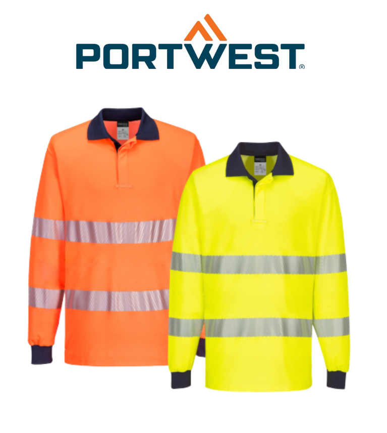 Portwest Mens Long Sleeve PW3 Hi-Vis Polo Shirt  Reflective Safety Workwear T186