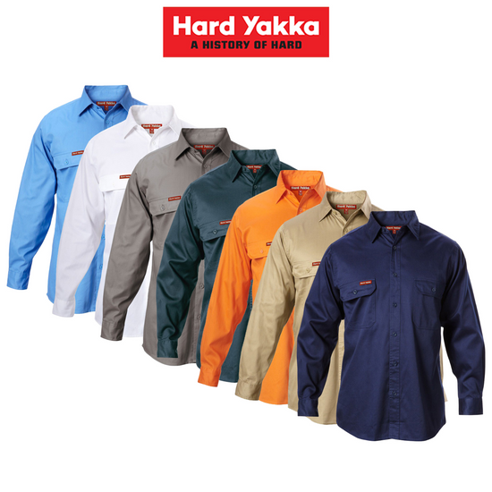 Hard Yakka Long Sleeve Cotton Drill Work Shirt Tradie Safety Button Y07500