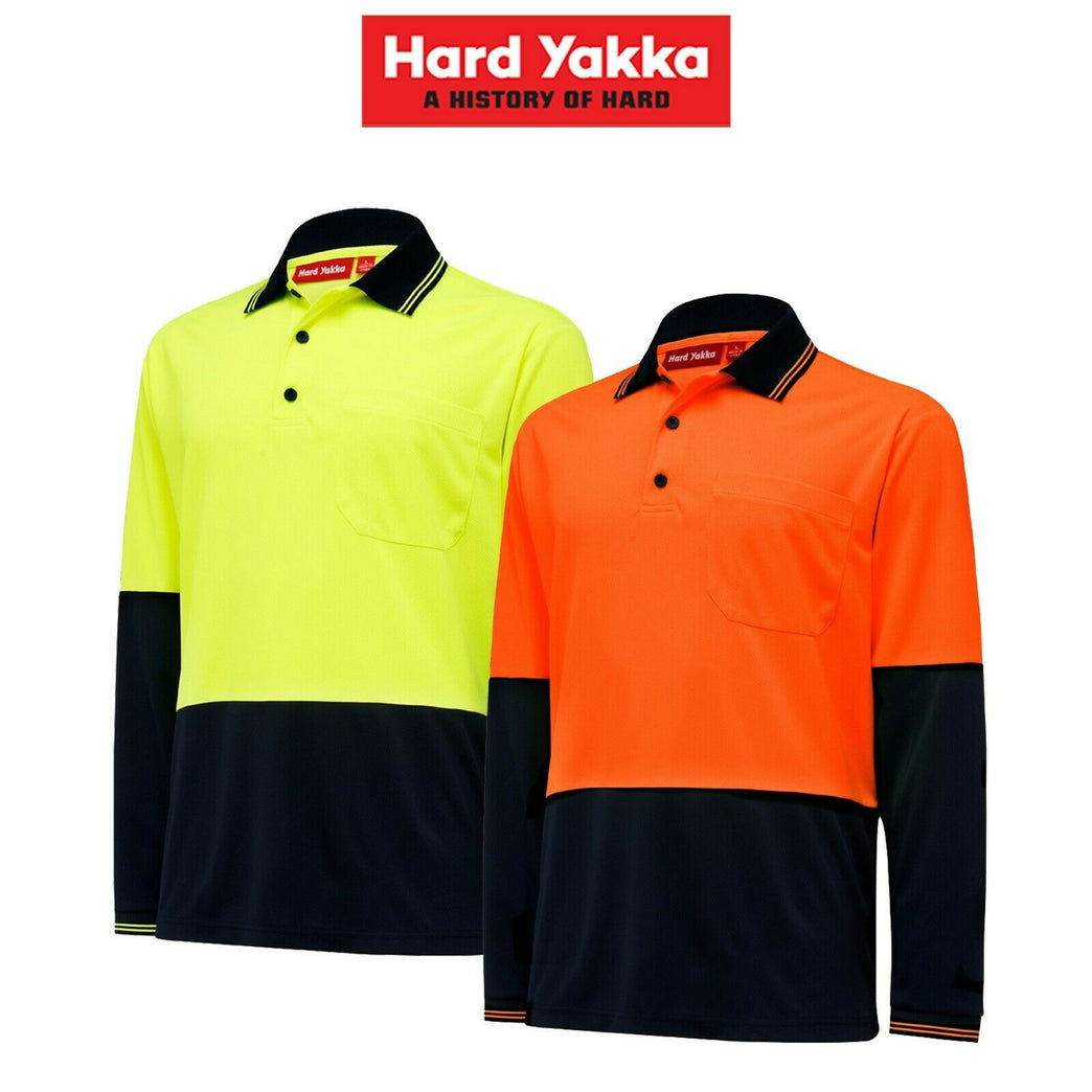 Hard Yakka Core Hi-Vis Cuffed Polo Work Shirt 2 Tone L/S Tradie Y19610