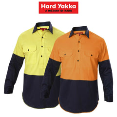 Hard Yakka Shirt Hi-Vis Closed Gusset Long Sleeve Work Safety Cotton Y07984