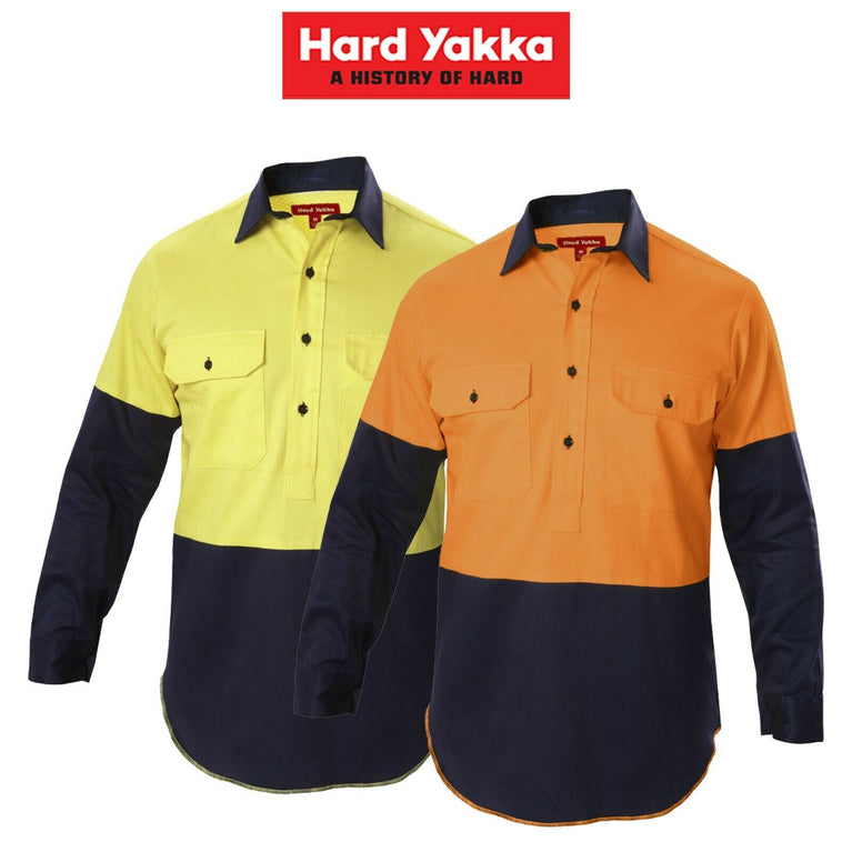 Hard Yakka Shirt Hi-Vis Closed Gusset Long Sleeve Work Safety Cotton Y07984