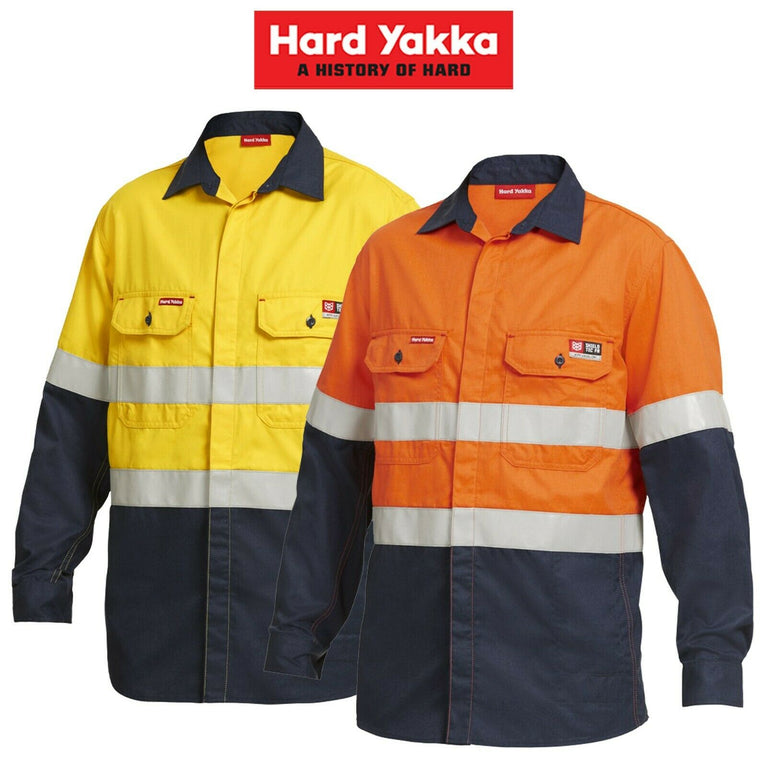 Mens Hard Yakka Protect Mining Work Hi-Vis Fire Resistant Safety Shirt Y04350