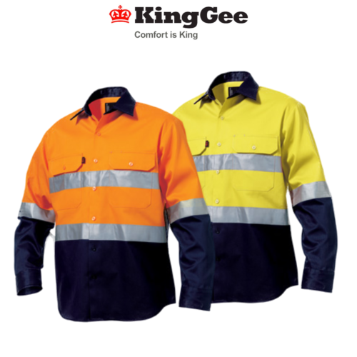 KingGee Mens Closed Front Hi-Vis Drill Shirt Long Sleeve Work Safety K54325