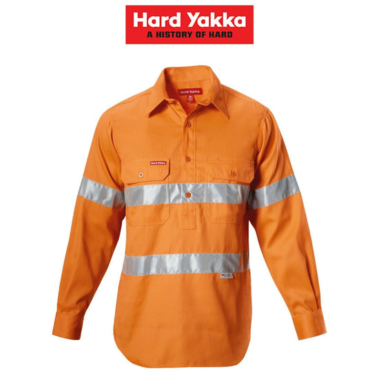 Hard Yakka Shirt Hi-Vis Closed Gusset Long Sleeve Work Safety Cotton Y07984