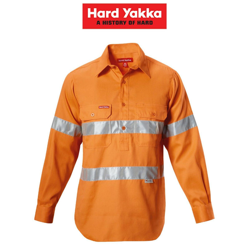 Hard Yakka Shirt Hi-Vis Closed Gusset Long Sleeve Work Safety Cotton Y07984