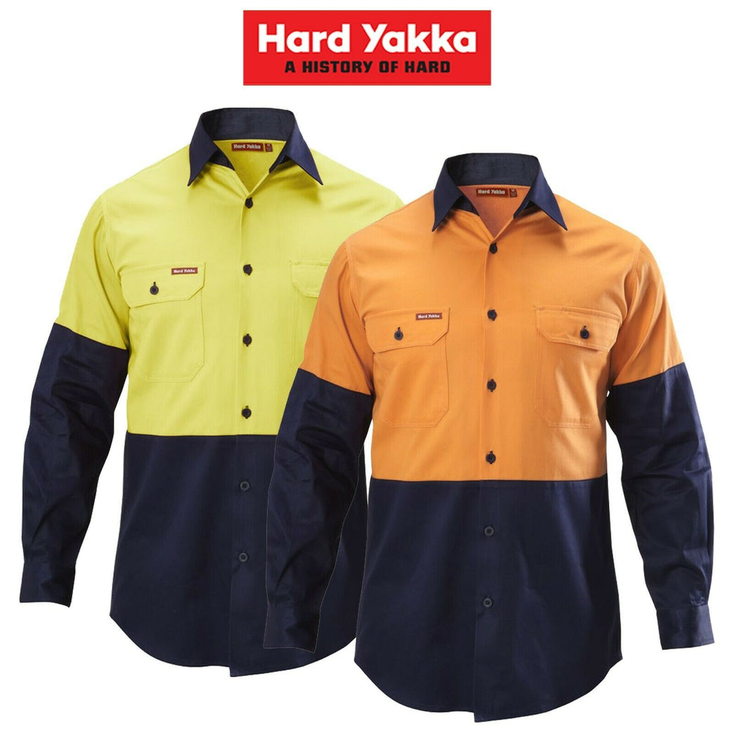 Hard Yakka Shirt Hi-Vis 2 Tone Long Sleeve Drill Work Safety Cotton Y07982